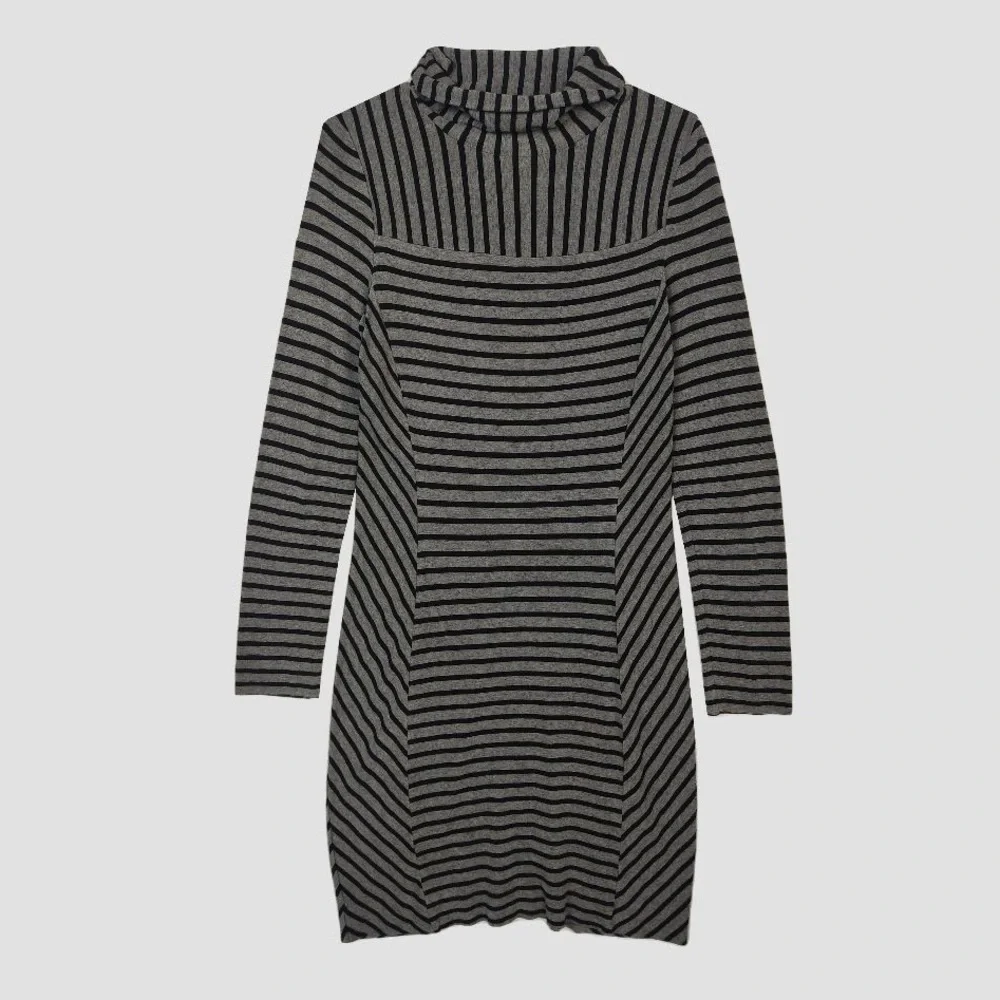 🔥 TORY BURCH Gray Black Stripe Sheath Turtleneck Long Sleeve Dress Size S